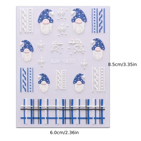 NWT ❄️☃️❄️ 5D EMBOSSED WINTER GNOME PRINT NAIL ART SELF ADHESIVE DECALS STICKERS - Picture 4 of 5